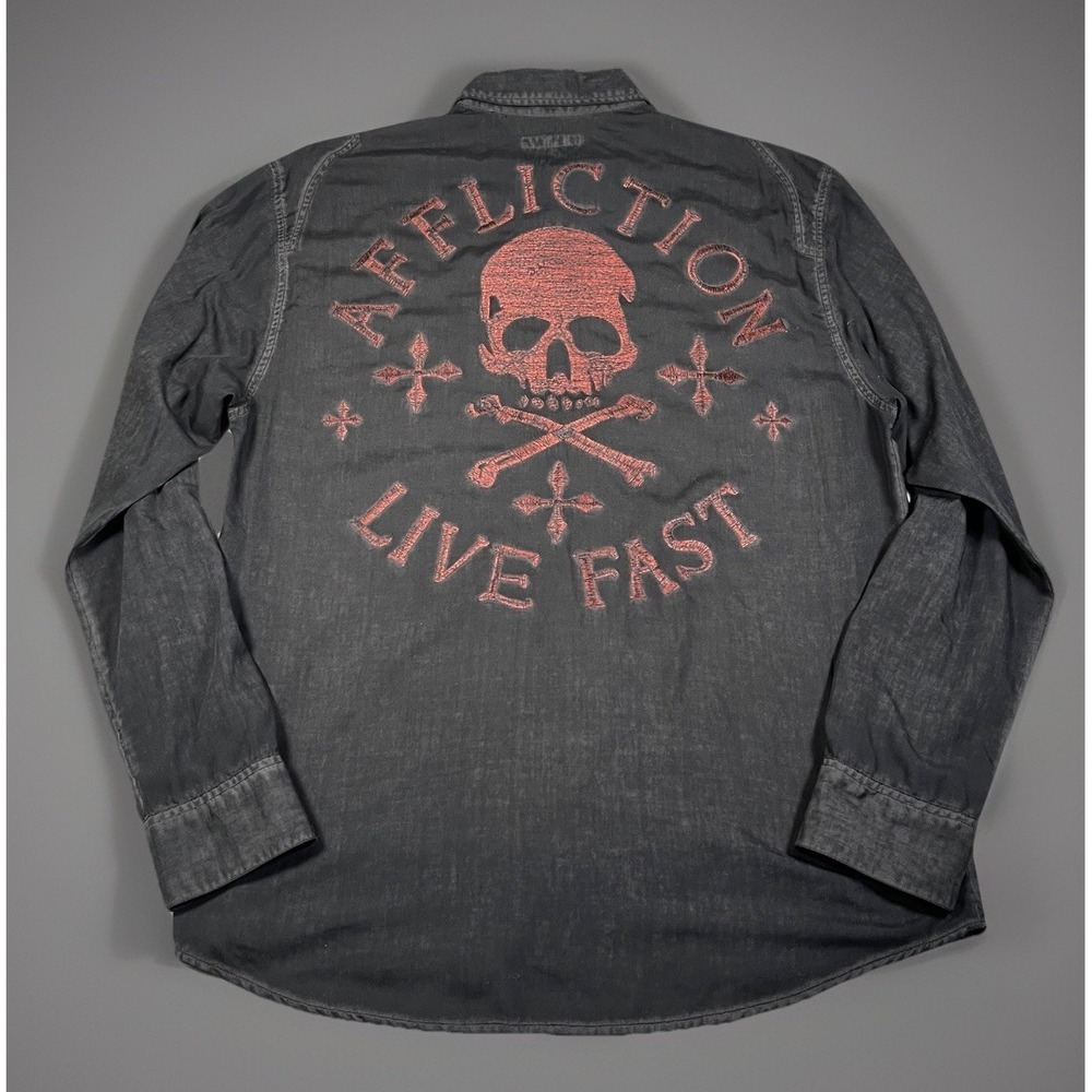 Y2K Affliction Black Live Fast Skulls Embroidered Button Up Shirt Men Size 2XL